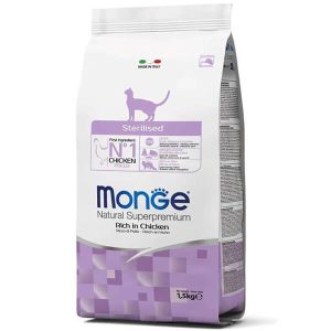 Monge Cat Sterilised с курицей — это сухой полнорационный корм для взрослых стерилизованных и кастрированных кошек - 1,5 кг.