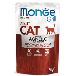 Monge Grill Cat Adult Lamb — это влажный полнорационный корм с ягнёнком для взрослых кошек,  рацион представлен в формате кусочков в желе и подходит для ежедневного питания взрослых питомцев