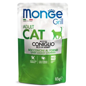 Monge Grill Cat Adult Rabbit — это полнорационный влажный корм для взрослых кошек с кроликом в формате кусочков в желе