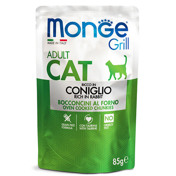 Monge GRILL Cat Adult с мясом кролика - 85 г. Monge Grill Cat Adult Rabbit — это полнорационный влажный корм для взрослых кошек с кроликом в формате кусочков в желе