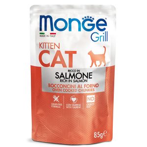 Monge Grill Cat Kitten Salmone — это влажный полнорационный корм с лососем для котят, рацион представлен в виде кусочков в желе и предназначен для ежедневного кормления