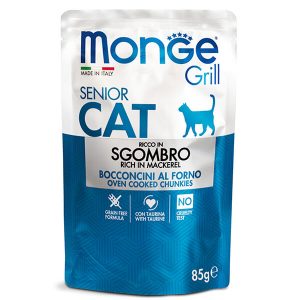 Monge Grill Cat Senior Mackerel — это влажный полнорационный корм со скумбрией для пожилых кошек, рацион представлен в виде кусочков в желе и подходит для ежедневного кормления