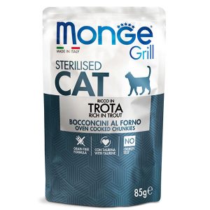 Monge Grill Cat Sterilised Trout — это влажный полнорационный корм с форелью для взрослых стерилизованных кошек и кастрированных котов, рацион представлен в виде кусочков в желе