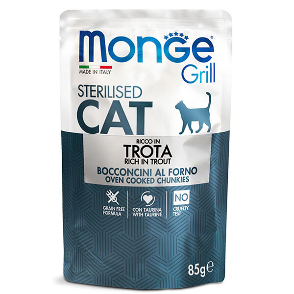 Monge GRILL Cat Sterilised с форелью - 85 г. Monge Grill Cat Sterilised Trout — это влажный полнорационный корм с форелью для взрослых стерилизованных кошек и кастрированных котов, рацион представлен в виде кусочков в желе