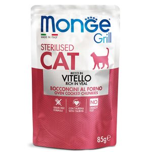 Monge Grill Cat Adult Sterilised Veal — это влажный полнорационный корм с телятиной для взрослых стерилизованных кошек и кастрированных котов, рацион представлен в виде кусочков в желе и подходит для ежедневного кормления взрослых питомцев