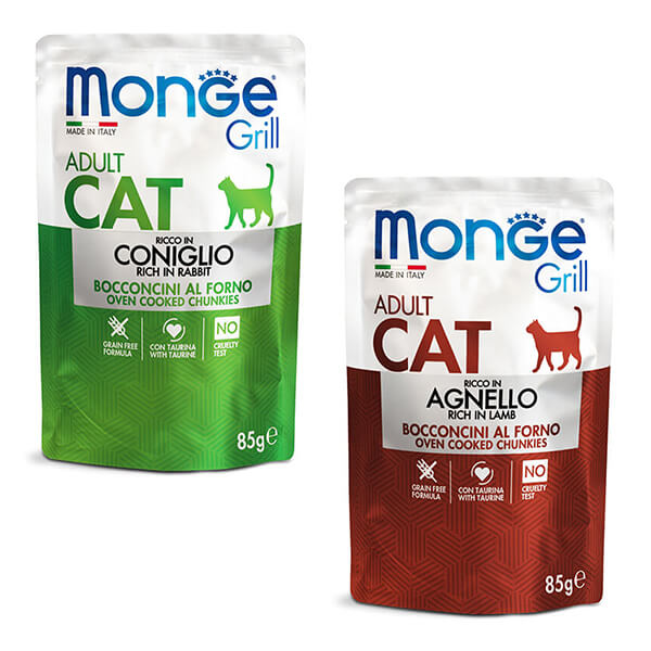 Паучи Monge GRILL MIX Cat с кроликом, ягнёнком Monge Cat Adult GRILL MIX rabbit, lamb — это мультипак влажного корма для взрослых кошек. В упаковку входит 12 паучей по 85 г: 6 паучей с кроликом и 6 паучей с ягнёнком