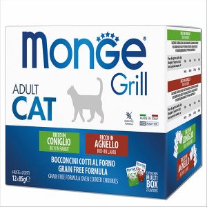 Monge Cat Adult GRILL MIX rabbit, lamb — это мультипак влажного корма для взрослых кошек. В упаковку входит 12 паучей по 85 г: 6 паучей с кроликом и 6 паучей с ягнёнком
