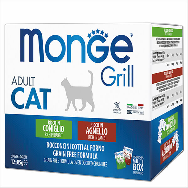 Monge GRILL MIX Cat с кроликом, ягнёнком Monge Cat Adult GRILL MIX rabbit, lamb — это мультипак влажного корма для взрослых кошек. В упаковку входит 12 паучей по 85 г: 6 паучей с кроликом и 6 паучей с ягнёнком