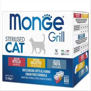 Monge Cat GRILL MIX Sterilised veal, cockerel, trout — это набор влажного корма в паучах для взрослых стерилизованных кошек и кастрированных котов. В набор входят три вкуса: петух, форель и телятина