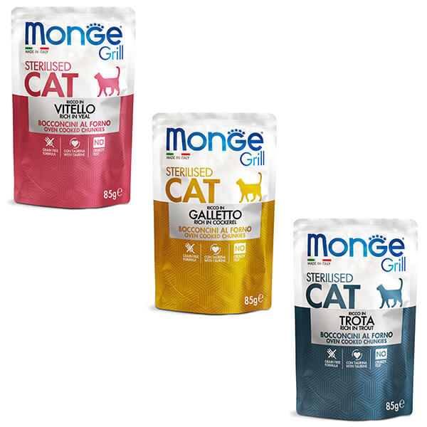 Паучи Monge GRILL MIX Cat Sterilised с телятиной, петухом, форелью Monge Cat GRILL MIX Sterilised veal, cockerel, trout — это набор влажного корма в паучах для взрослых стерилизованных кошек и кастрированных котов. В набор входят три вкуса: петух, форель и телятина