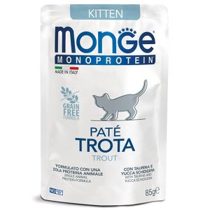 Monge Monoprotein Kitten Pate Trout — это полнорационный монопротеиновый влажный корм для котят в виде нежного паштета