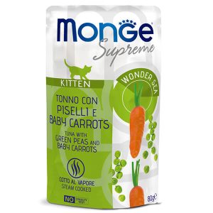 Monge Supreme Kitten Tuna, Green Peas and Baby Carrots — это влажный корм для котят специально созданный для ежедневного дополнительного питания в период роста. Рацион Monge Supreme Kitten помогает разнообразить меню котёнка качественным влажным кормом  в период активного роста