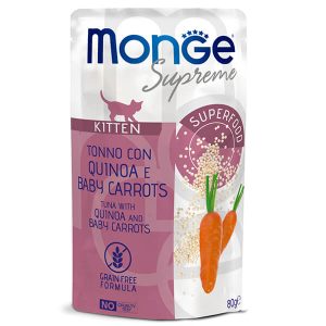 Monge Supreme Kitten Tuna, Quinoa and Baby Carrots — это влажный корм для котят с тунцом, созданный для ежедневного дополнительного питания в период роста. Рацион Monge Supreme Kitten помогает разнообразить меню качественным влажным кормом
