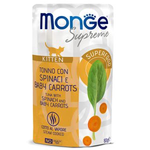 Monge Supreme Kitten Tuna, Spinach and Baby Carrots — это влажный корм для котят с тунцом, шпинатом и молодой морковью, специально созданный для ежедневного дополнительного питания в период роста. Рацион Monge Supreme Kitten помогает разнообразить меню котёнка качественным влажным кормом в период активного роста