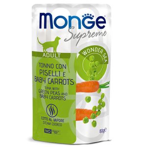 Monge Supreme Adult Cat Tuna, Green Peas and Baby Carrots — это влажный корм для взрослых кошек специально созданный для ежедневного дополнительного питания. Рацион Монж Суприм помогает разнообразить меню кошки качественным влажным кормом