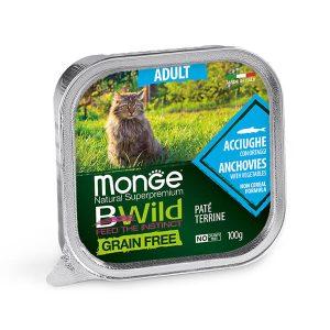 Monge Cat Bwild Grain Free Adult Anchovies & Vegetables — это влажный корм в ламистере для взрослых кошек с анчоусами и овощами. Полнорационный беззерновой паштет подходит для ежедневного питания взрослых кошек всех пород