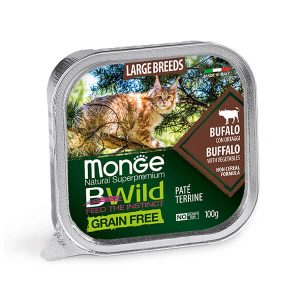 Monge Cat Bwild Grain Free Large Breeds Bufalo & Vegetables — это влажный корм в ламистере для кошек крупных пород с буйволом и овощами. Полноценный беззерновой паштет подходит для взрослых кошек крупных пород
