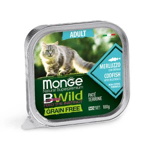 Monge Cat Bwild Grain Free Adult Codfish & Vegetables — это влажный корм в ламистере для взрослых кошек с треской и овощами. Полнорационный беззерновой паштет подходит для ежедневного питания взрослых кошек всех пород