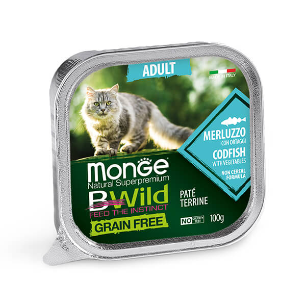 Ламистер Monge Cat BWild GRAIN FREE с треской и овощами (паштет) - 100 г. Monge Cat Bwild Grain Free Adult Codfish & Vegetables — это влажный корм в ламистере для взрослых кошек с треской и овощами. Полнорационный беззерновой паштет подходит для ежедневного питания взрослых кошек всех пород