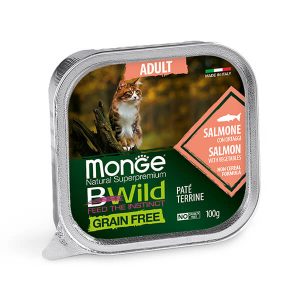 Monge Cat Bwild Grain Free Adult Salmon & Vegetables — это влажный корм в ламистере для взрослых кошек с лососем и овощами. Полнорационный беззерновой паштет подходит для ежедневного питания взрослых кошек всех пород