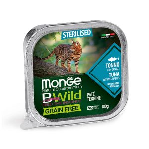 Monge Cat Bwild Grain Free Sterilised Tuna & Vegetables — это влажный корм в ламистере для стерилизованных кошек с тунцом и овощами. Полнорационный беззерновой паштет подходит для взрослых стерилизованных кошек и кастрированных котов