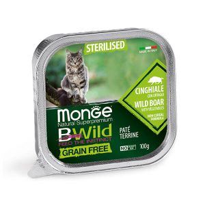 Monge Cat Bwild Grain Free Sterilised Wild Boar & Vegetables — это влажный корм в ламистере для кастрированных котов с диким кабаном и овощами. Полнорационный беззерновой паштет подходит для взрослых стерилизованных кошек и кастрированных котов