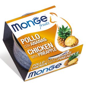 Monge Fruits Cat Adult Chicken with Pineapple — это влажный корм для взрослых кошек с курицей и ананасом. Дополнительное питание с кусочками курицы и фруктами помогает разнообразить ежедневный рацион кошки