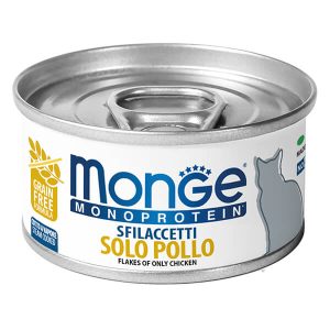 Monge Monoprotein Cat Flakes of Chicken - это влажный корм мясные хлопья с курицей для взрослых кошек. Дополнительное монопротеиновое питание подходит для ежедневного рациона кошек всех пород