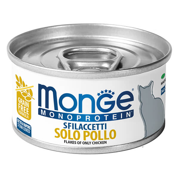 Влажный корм Monge Cat Monoprotein мясные хлопья с курицы - 80 г. Monge Monoprotein Cat Flakes of Chicken - это влажный корм мясные хлопья с курицей для взрослых кошек. Дополнительное монопротеиновое питание подходит для ежедневного рациона кошек всех пород