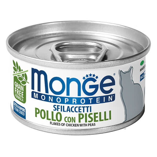 Влажный корм Monge Cat Monoprotein мясные хлопья с курицей и горошком - 80 г. Monge Monoprotein Cat Flakes of Chicken with Peas — это влажный корм для взрослых кошек с курицей и горошком в мясных хлопьях. Дополнительное монопротеиновое питание подходит для ежедневного рациона кошек всех пород