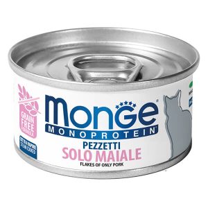 Monge Monoprotein Cat Flakes of Pork — это влажный корм для взрослых кошек со свининой в мясных хлопьях. Полноценный монопротеиновый рацион подходит для кошек всех пород, в том числе питомцев с чувствительным пищеварением