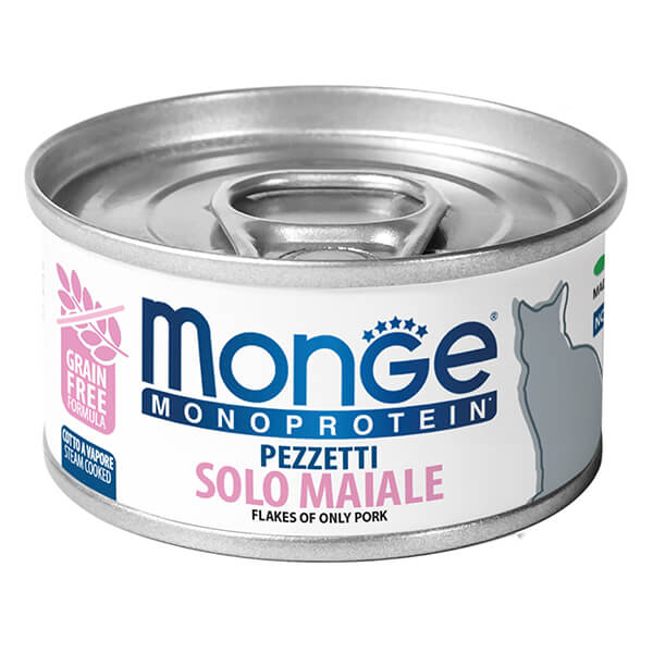 Влажный корм Monge Cat Monoprotein мясные хлопья с свининой - 80 г. Monge Monoprotein Cat Flakes of Pork — это влажный корм для взрослых кошек со свининой в мясных хлопьях. Полноценный монопротеиновый рацион подходит для кошек всех пород, в том числе питомцев с чувствительным пищеварением