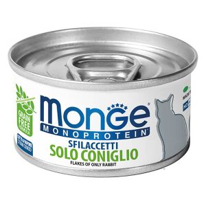 Monge Monoprotein Cat Flakes of Rabbit — это влажный корм для взрослых кошек с кроликом в мясных хлопьях. Дополнительное монопротеиновое питание подходит для ежедневного рациона кошек всех пород