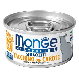 Monge Monoprotein Cat Flakes of Turkey with Carrots — это влажный корм для взрослых кошек с индейкой и морковью в мясных хлопьях. Полноценный монопротеиновый рацион подходит для кошек всех пород