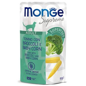 Monge Supreme Adult Cat Tuna, Broccoli and Baby Corn — это влажный корм для взрослых кошек в пауче 80 г. Рацион подходит для ежедневного дополнения питания и отличается нежной текстурой филе, приготовленного на пару