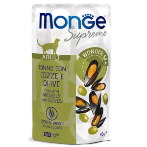 Monge Supreme Adult Cat Tuna with Mussels and Olives — это влажный корм для взрослых кошек с тунцом, мидиями и оливками в пауче. Дополнительный рацион с нежными кусочками тунца подходит для ежедневного питания