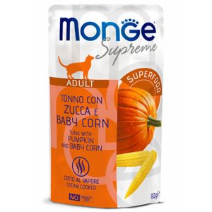 Monge Supreme Adult Cat Tuna, Pumpkin and Baby Corn — это влажный корм для взрослых кошек с тунцом, тыквой и молодой кукурузой в пауче. Дополнительный рацион с нежными кусочками тунца подходит для ежедневного питания