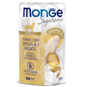 Monge Supreme Adult Cat Tuna, Seabass and Potatoes — это влажный корм для взрослых кошек с тунцом, сибасом и картофелем в пауче. Дополнительный рацион с нежными кусочками тунца подходит для ежедневного питания