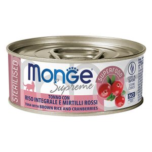 Monge Supreme Sterilised Cat Tuna Flakes with Brown Rice and Cranberries — это влажный корм для стерилизованных взрослых кошек с тунцом, коричневым рисом и клюквой. Сбалансированный рацион помогает разнообразить ежедневное питание кошек