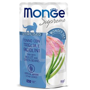 Monge Supreme Sterilised Cat Tuna, Mullet and Green Beans — это влажный корм для стерилизованных кошек с тунцом, кефалью и стручковой фасолью в пауче. Полноценный рацион для взрослых кастрированных котов и стерилизованных кошек