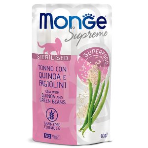Monge Supreme Sterilised Cat Tuna, Quinoa and Green Beans — это влажный корм для кастрированных котов с тунцом, киноа и стручковой фасолью в пауче. Полноценный рацион для взрослых стерилизованных кошек и кастрированных котов