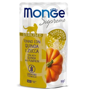 Monge Supreme Sterilised Cat Tuna, Quinoa and Pumpkin — это влажный корм для стерилизованных кошек с тунцом, киноа и тыквой в пауче. Полноценный рацион для взрослых стерилизованных и кастрированных кошек