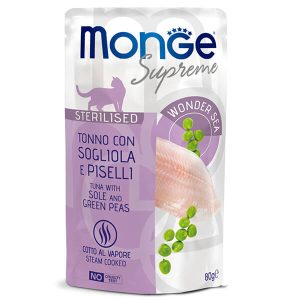 Monge Supreme Sterilised Cat Tuna, Sole and Green Peas — это влажный корм для кастрированных котов с тунцом, камбалой и зелёным горошком в пауче. Полноценный рацион для взрослых стерилизованных кошек и кастрированных котов