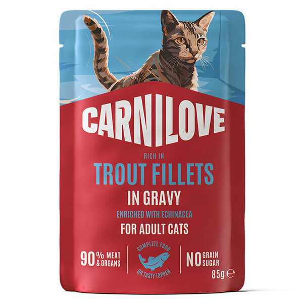 Корм Carnilove Gravy Trout & Echinacea для кошек — 85 г. Влажный корм из настоящего мяса в пауче Carnilove с форелью, индейкой и эхинацеей в нежном соусе для взрослых кошек
