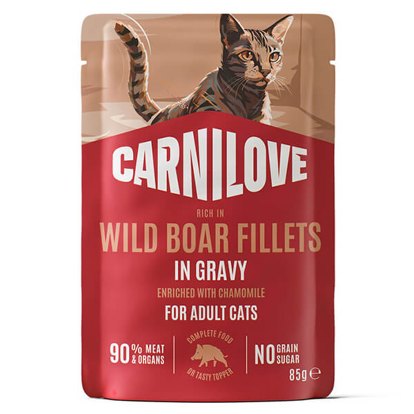 Корм Carnilove Gravy Wild Boar & Chamomile для кошек - 85 г. Влажный корм из настоящего мяса в пауче Carnilove с диким кабаном, индейкой и ромашкой в нежном соусе для взрослых кошек