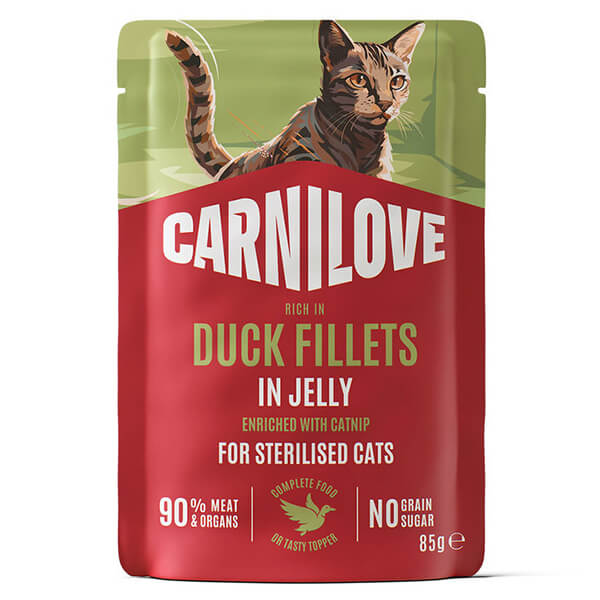 Корм Carnilove Jelly Duck & Catnip Sterilised для кошек — 85 г Влажный корм из настоящего мяса в пауче Carnilove с уткой, индейкой и кошачьей мятой в желе для стерилизованных кошек и кастрированных котов