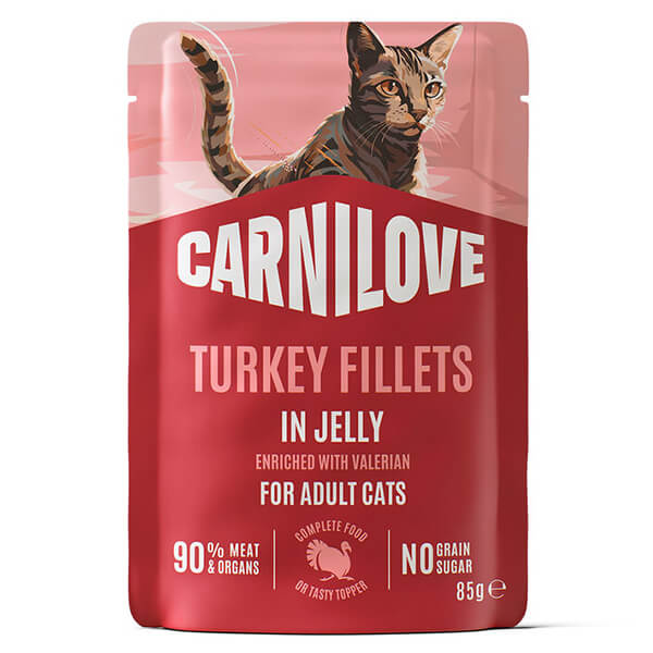 Корм Carnilove Jelly Turkey & Valerian для кошек — 85 г. Влажный корм из настоящего мяса в пауче Carnilove с индейкой и валерианой в аппетитном желе для взрослых кошек