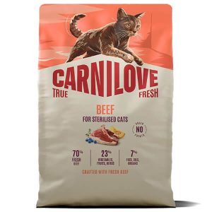 Сухой корм Carnilove True Fresh Beef Sterilised со свежей говядиной для кастрированных котов и стерилизованных кошек. 70% свежей говядины. Без зерна, без картофеля, без куриного мяса и жира. Упаковка 2 кг.