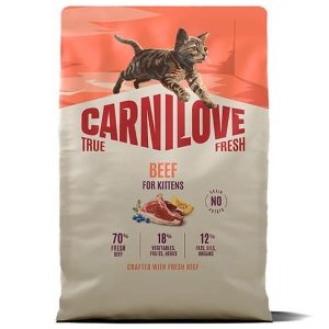 Сухой корм Carnilove True Fresh Beef Kitten для котят, беременных и кормящих кошек. 70% свежей говядины, без зерновых и картофеля. Упаковка 2 кг.