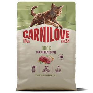 Сухой корм Carnilove True Fresh Duck Sterilised со свежей уткой для кастрированных котов и стерилизованных кошек. 70% свежей утки. Без зерна, без картофеля, без куриного мяса и жира. Упаковка 2 кг.